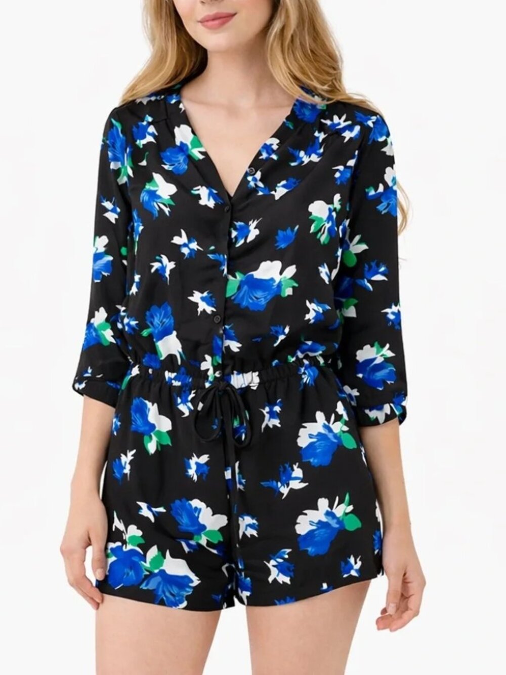 Lila Rose Floral Romper Women’s Size 4 Black Blue White Button Front - Picture 12 of 13